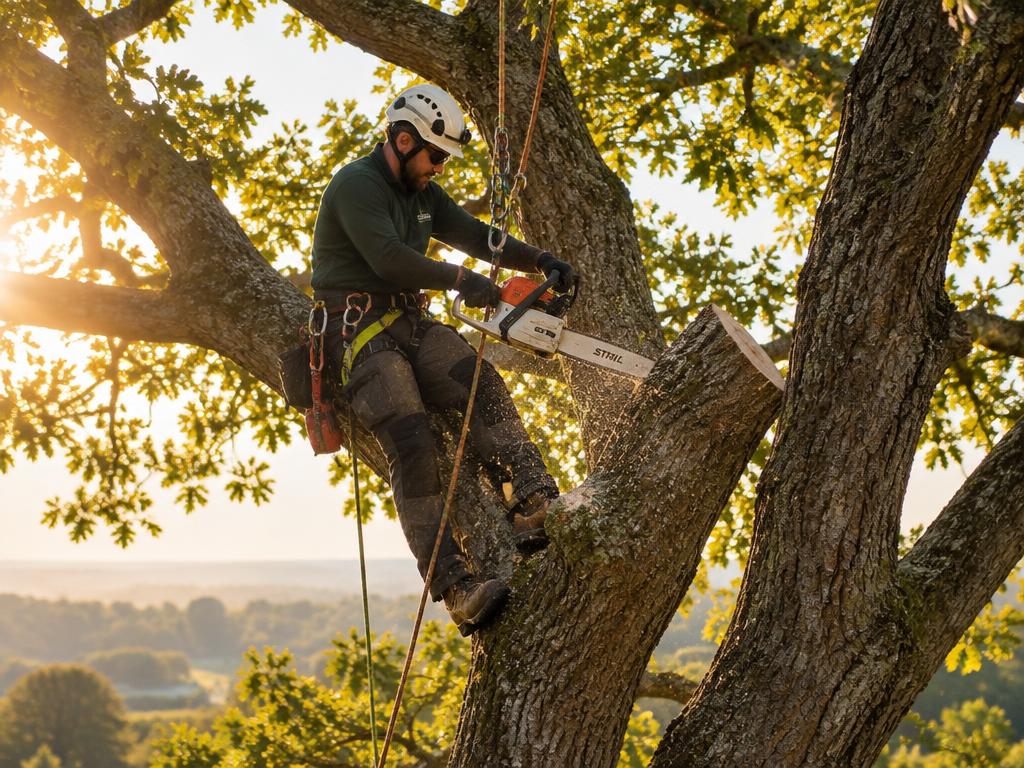 Climber pruning a large oak