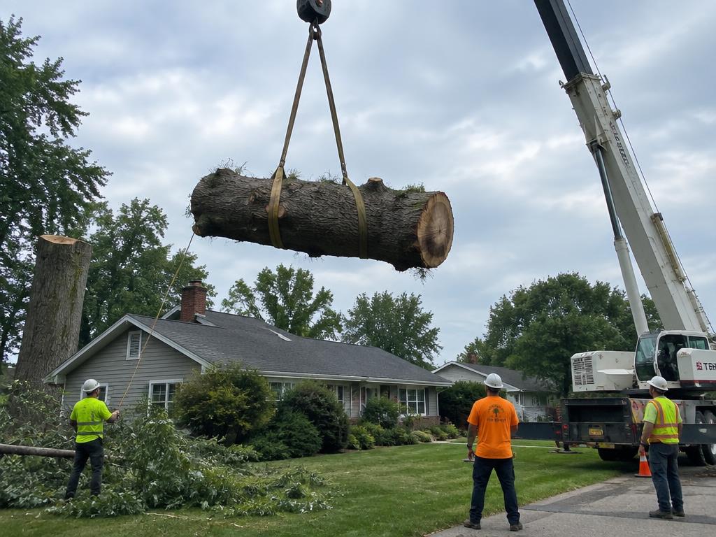 Crane lifting a trunk section over a house