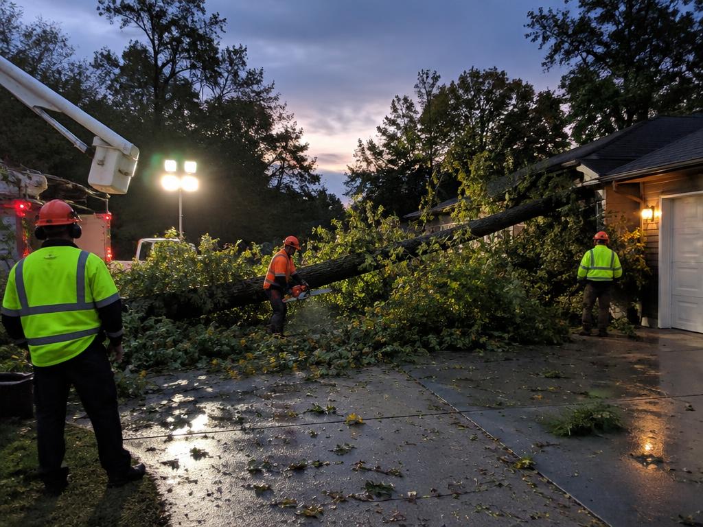 Night storm response on a fallen tree